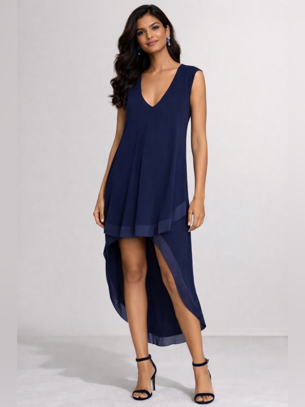 BCBG Maxazria SZ L navy blue hi/low sleeveless dress w/chiffon trim bust 36”-48”